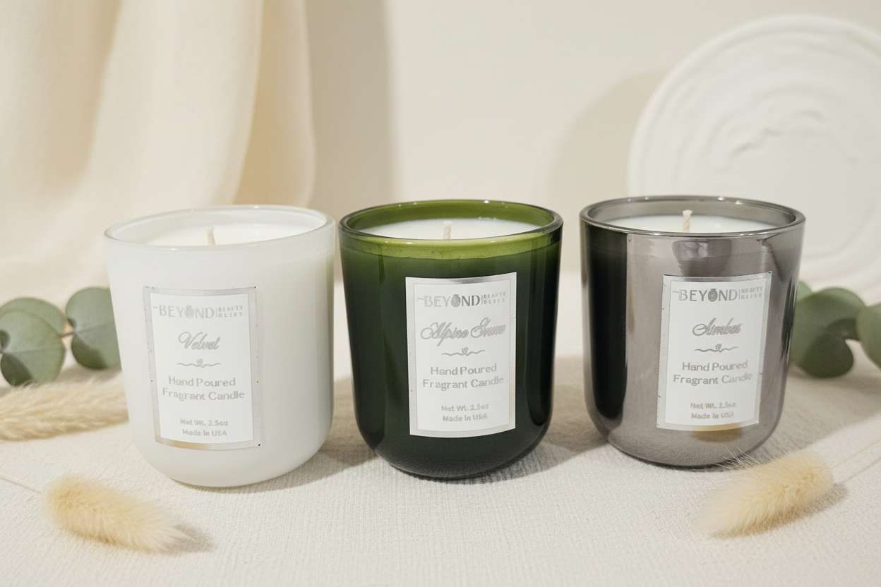 Three candles with labels on a neutral background