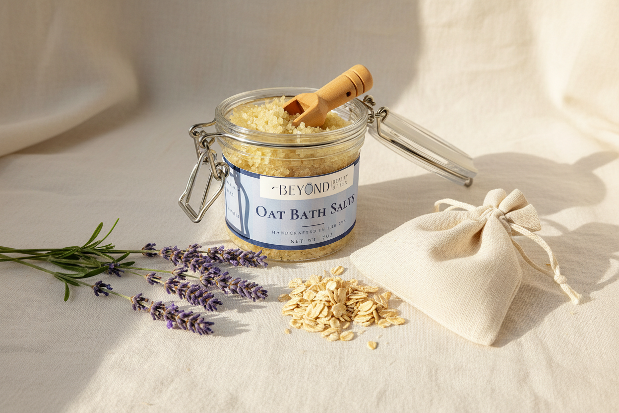 Oat & Epsom Comfort Soak with lavender sprigs flat lay