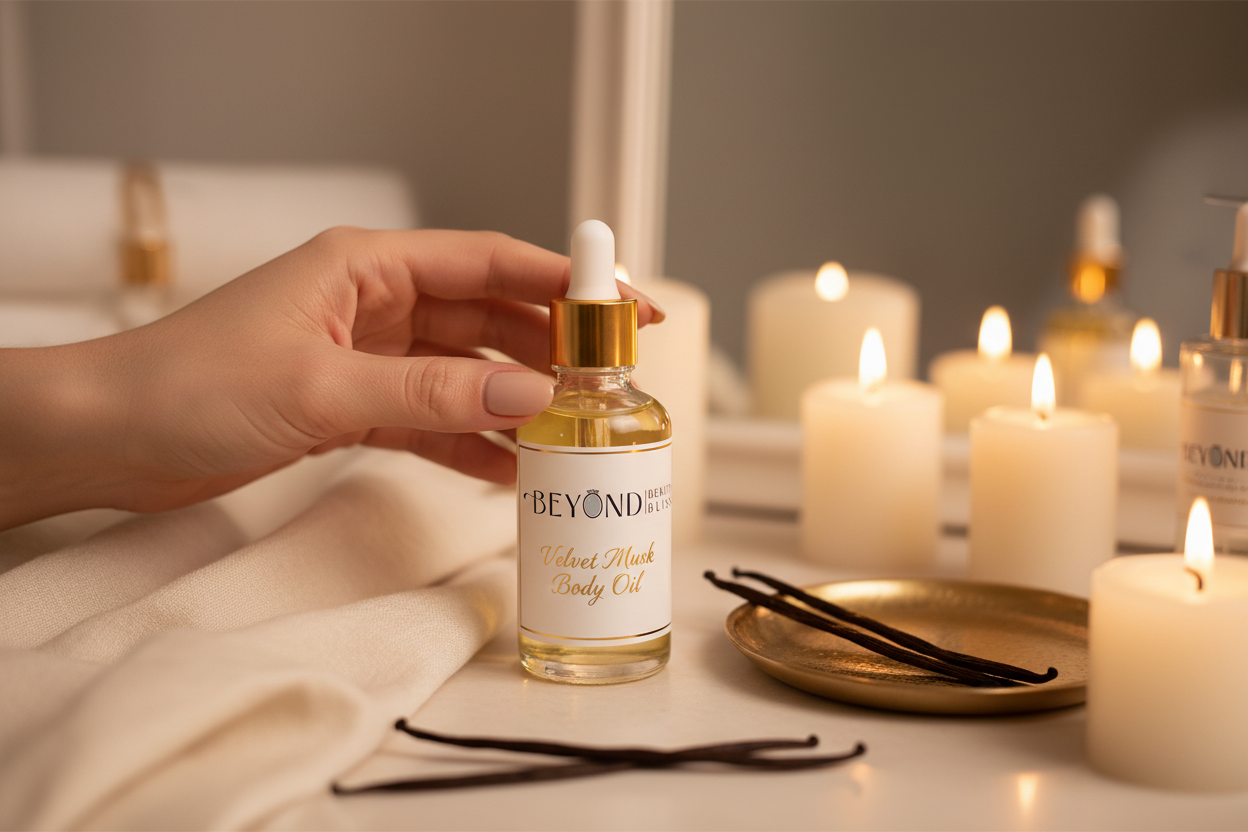 Velvet Musk Body Oil — Lifestyle with Logo