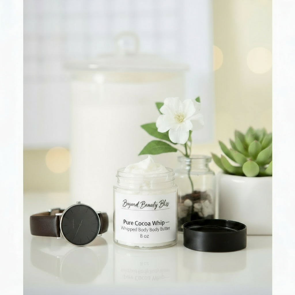 Pure Cocoa Whip vegan whipped body butter by Beyond Beauty Bliss — natural cocoa and cupuaçu butter moisturizer with lightweight whipped texture.
